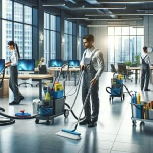 A team of 800 We Clean 4 U staff working in an office providing Commercial Cleaning Services.